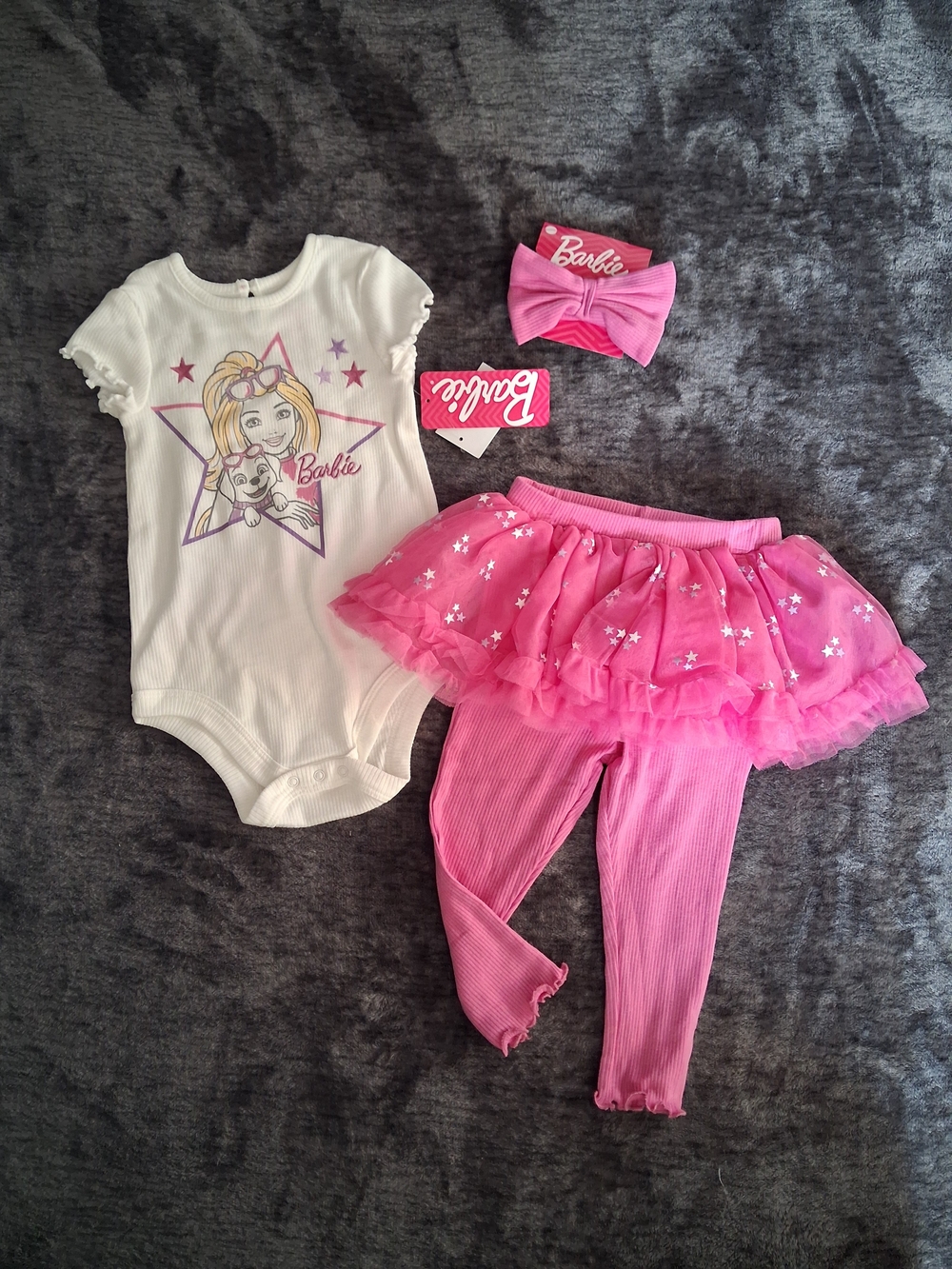 NWT Barbie Baby Girls 3pc Outfit Set Bodysuit/Tutu Leggings/Headband 18month